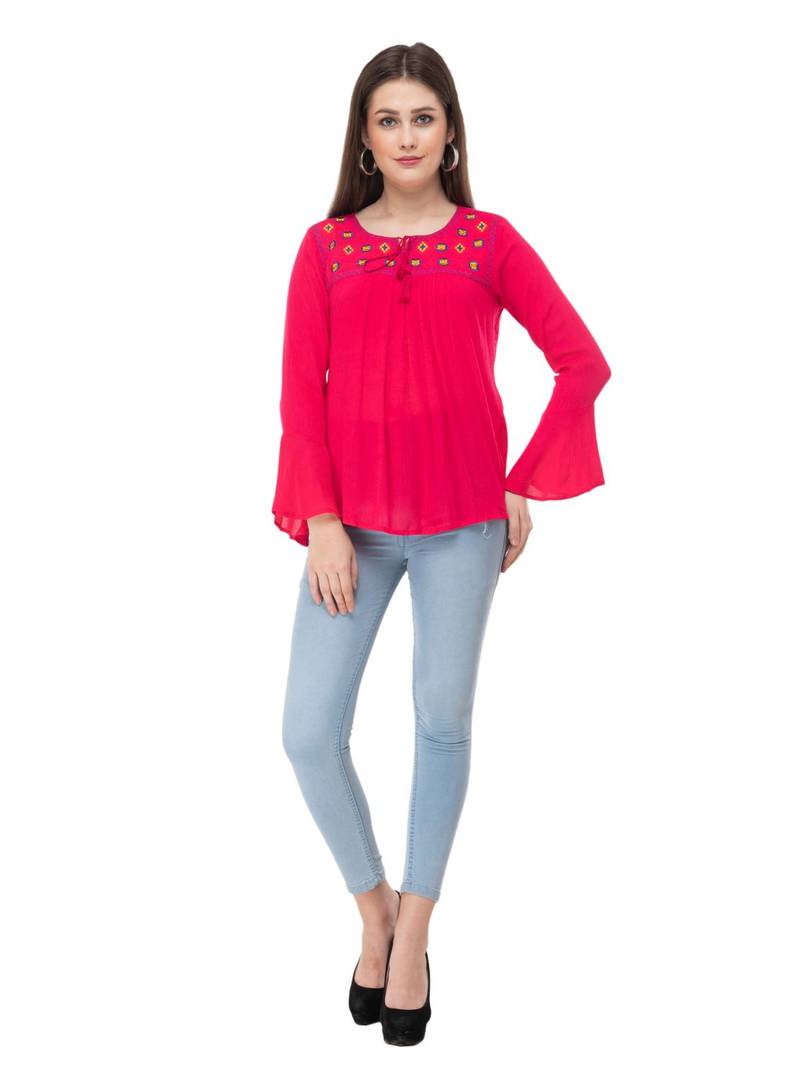 Pink Cotton Embroidered Bell Sleeve Top
