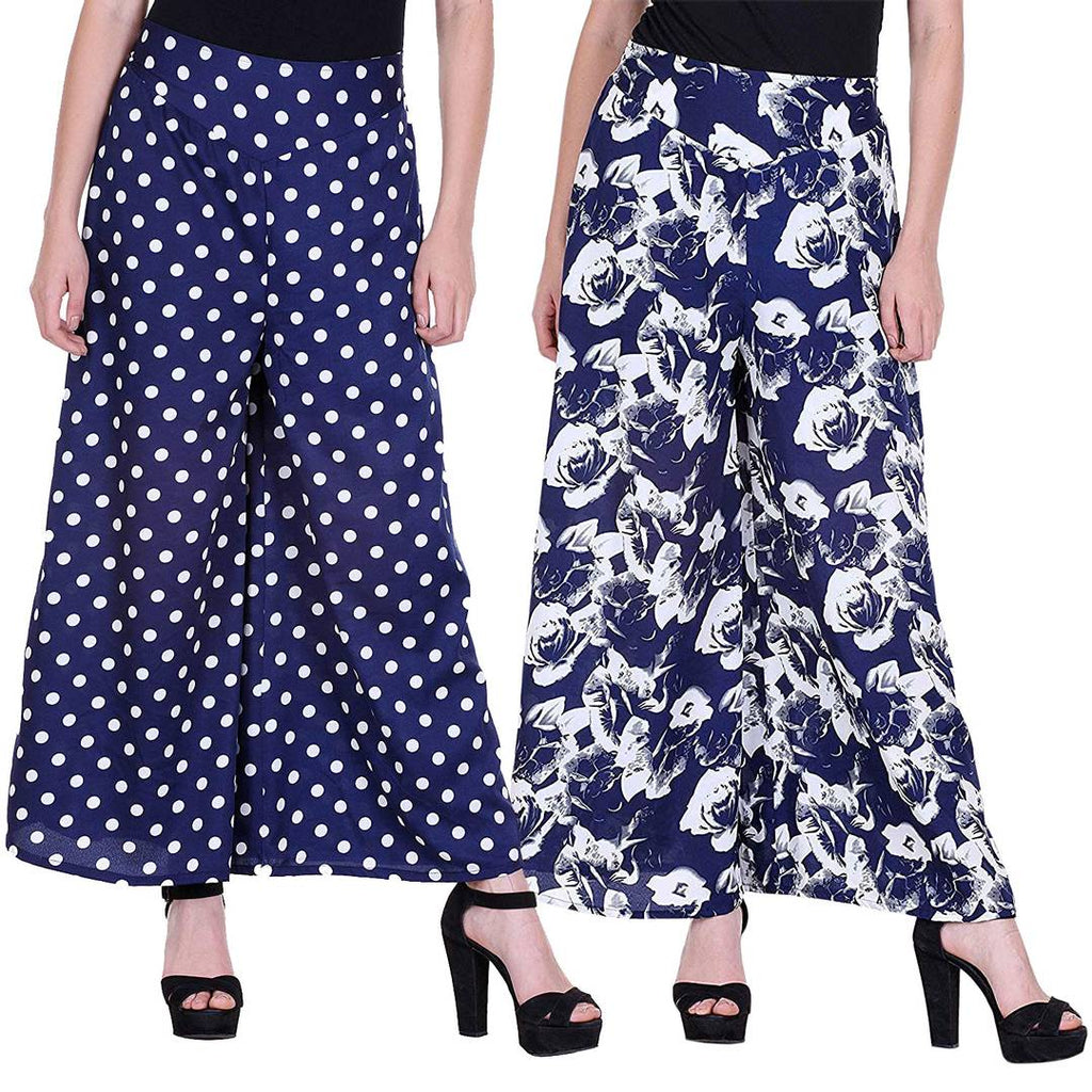 Printed Crepe Palazzo/Trouser Combo Pack of 2 (Blue Polka Dot and Navy Blue Floral)