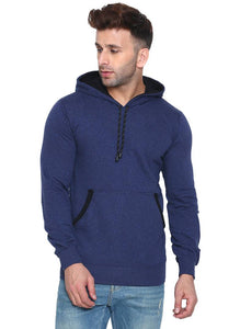 Men's Blue Cotton Solid  Long Sleeves Regular Hooded Pullover