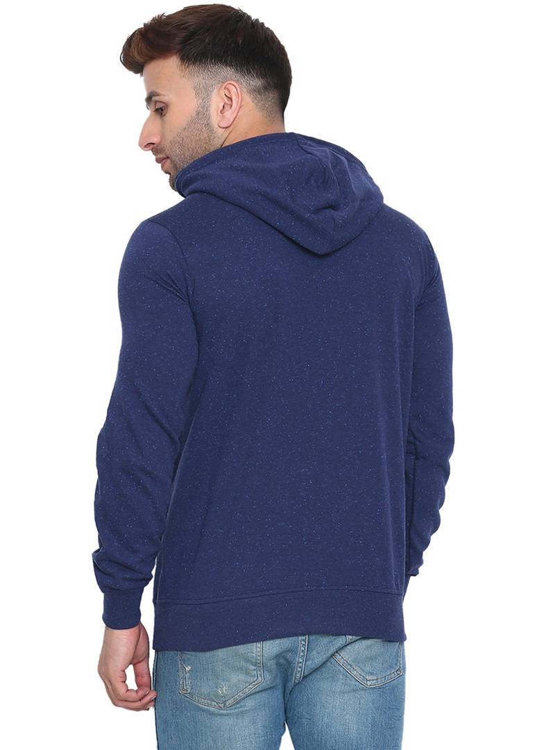 Men's Blue Cotton Solid  Long Sleeves Regular Hooded Pullover