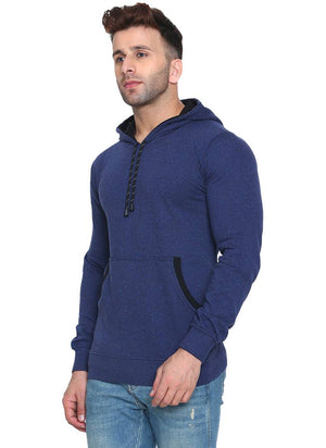 Men's Blue Cotton Solid  Long Sleeves Regular Hooded Pullover