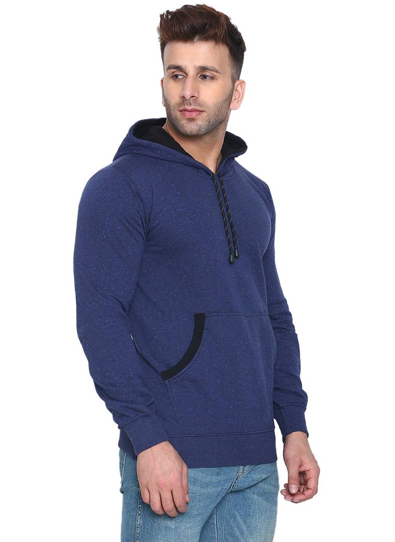 Men's Blue Cotton Solid  Long Sleeves Regular Hooded Pullover