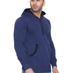 Men's Blue Cotton Solid  Long Sleeves Regular Hooded Pullover