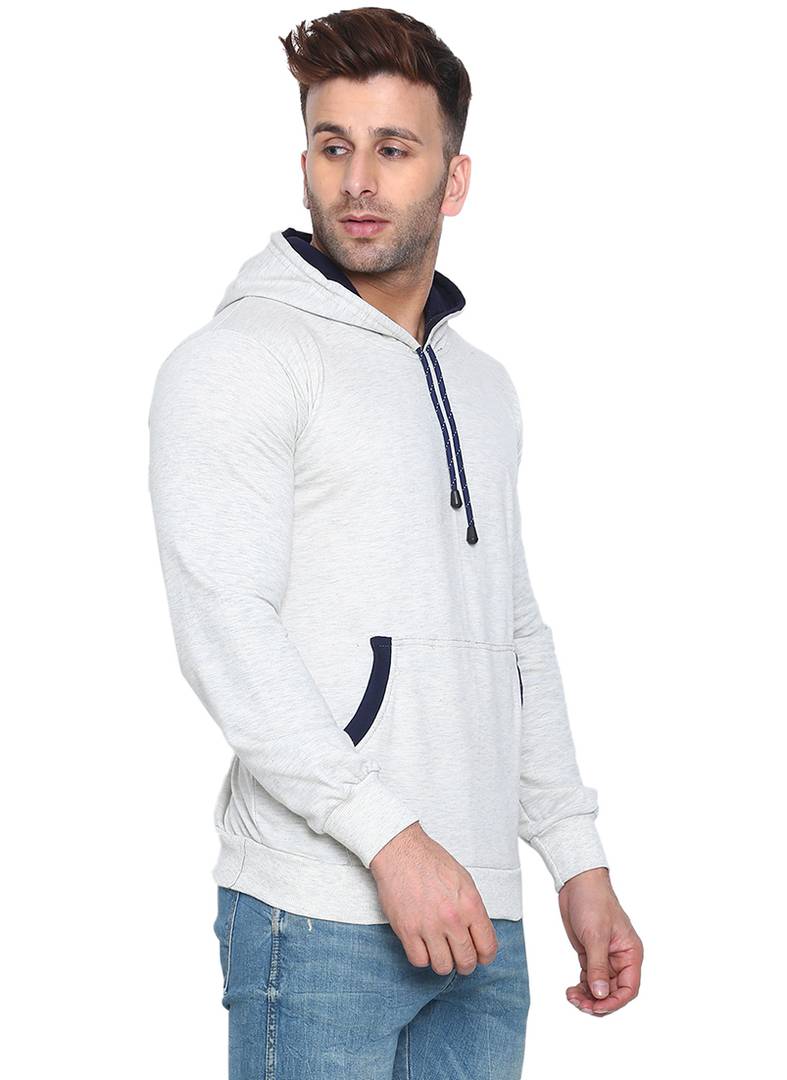 Men's White Cotton Solid  Long Sleeves Regular Hooded Pullover