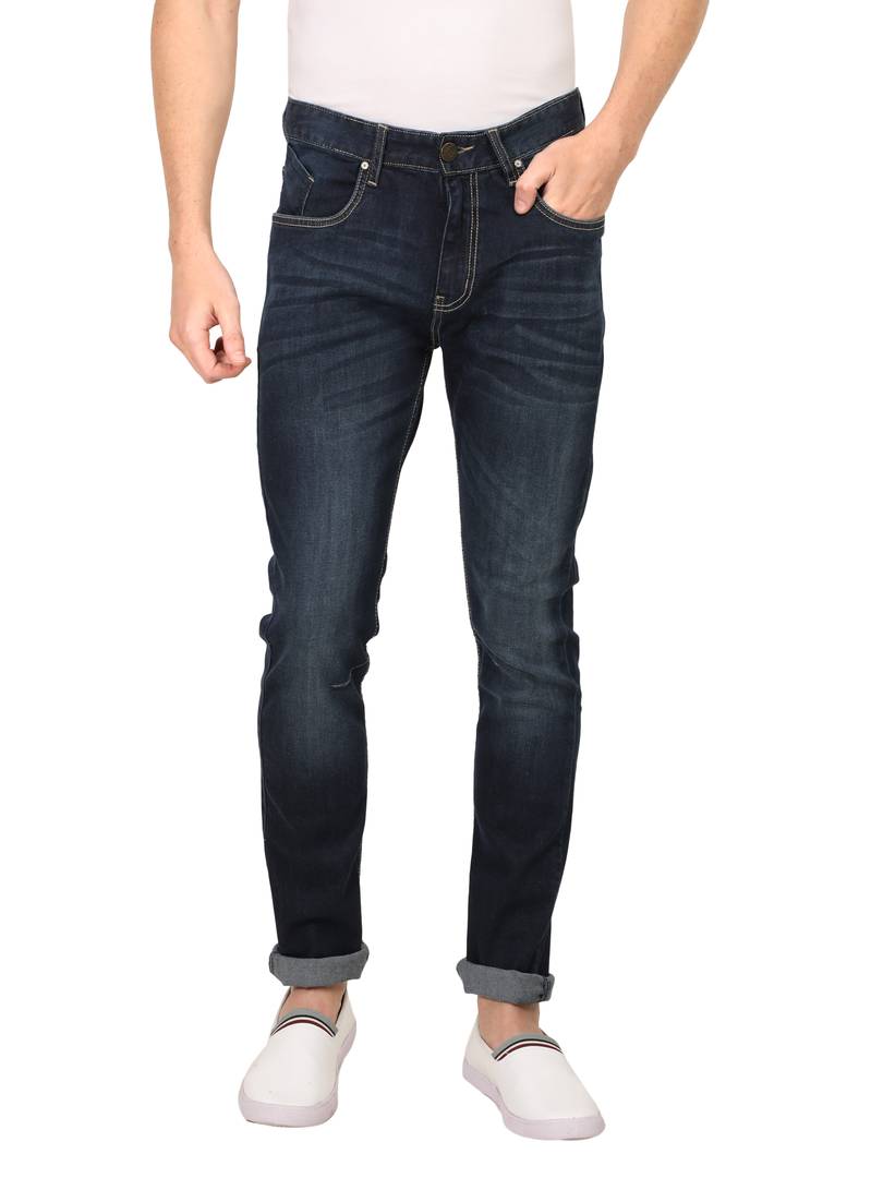 Men's Blue Denim Faded Slim Fit Mid-Rise Jeans