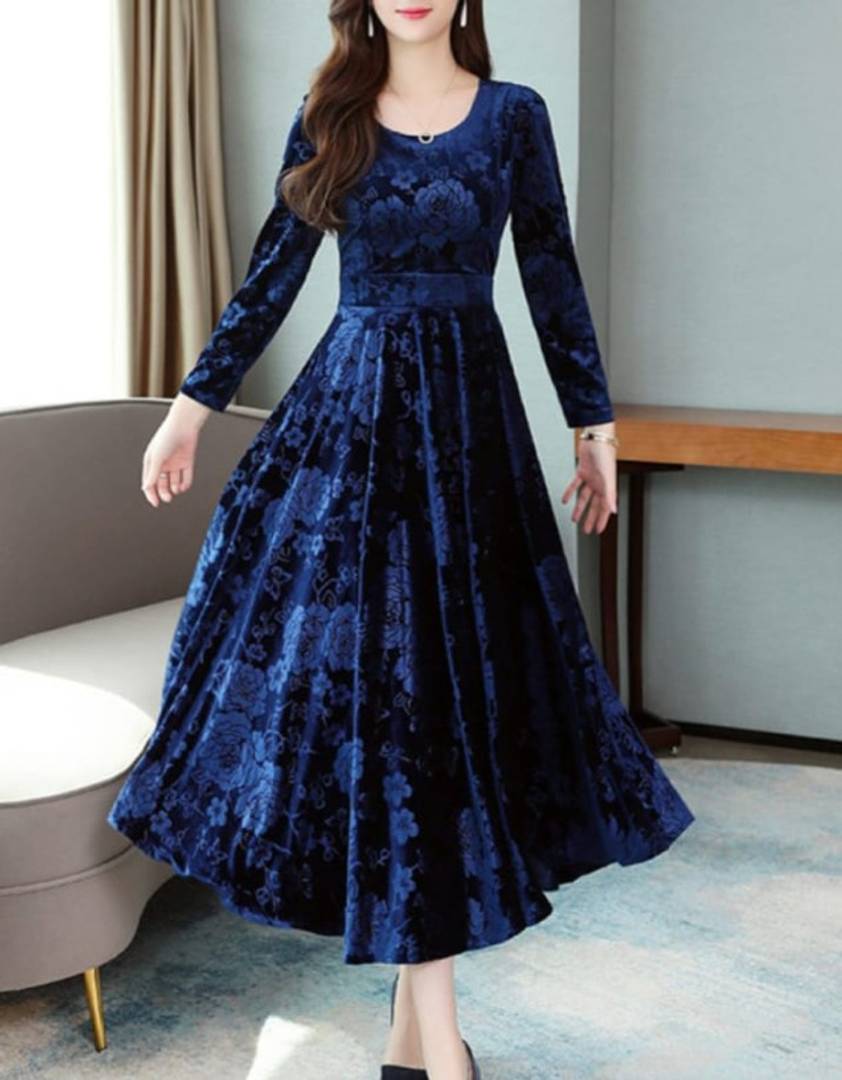 Navy Blue Self Pattern Velvet Long Dress