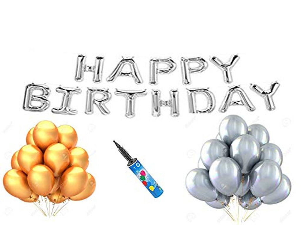 Silver and Golden Metallic Toy Balloons (Pack of 50) with Silver Happy Birthday FOIL Balloon and Pump