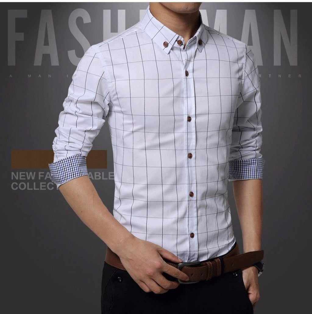 Men's White Cotton Checked Long Sleeves Regular Fit Casual Shirt