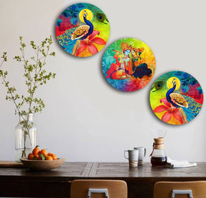 Studio Shubham wooden lord krishna and abstract peacock wall plates hanging(Set of 3)