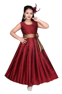 Girls Solid Maroon Silk Blend Frocks