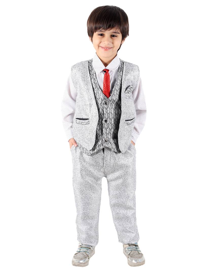 Boy's Grey Cotton Blend Self Pattern Ethnic Wear