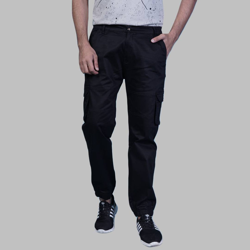 Men's Black Cotton Blend Solid Mid-Rise Regular Fit Cargo Pants