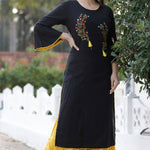 Expressive Style Black Embroidered Rayon Slub Women Kurta Sharara Set