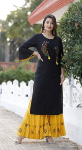 Expressive Style Black Embroidered Rayon Slub Women Kurta Sharara Set