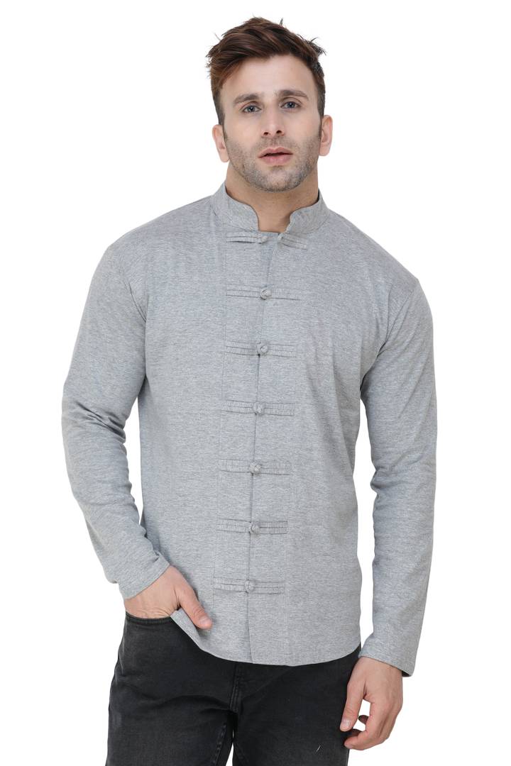 Men's Self Pattern Cotton Grey Mandarin Tees