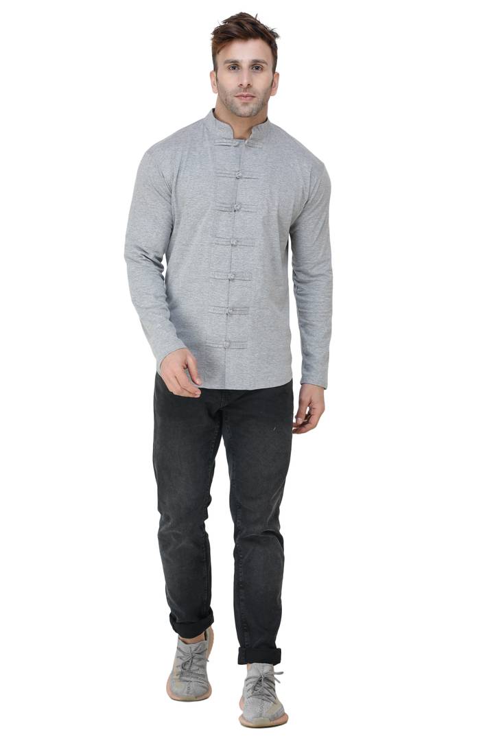 Men's Self Pattern Cotton Grey Mandarin Tees