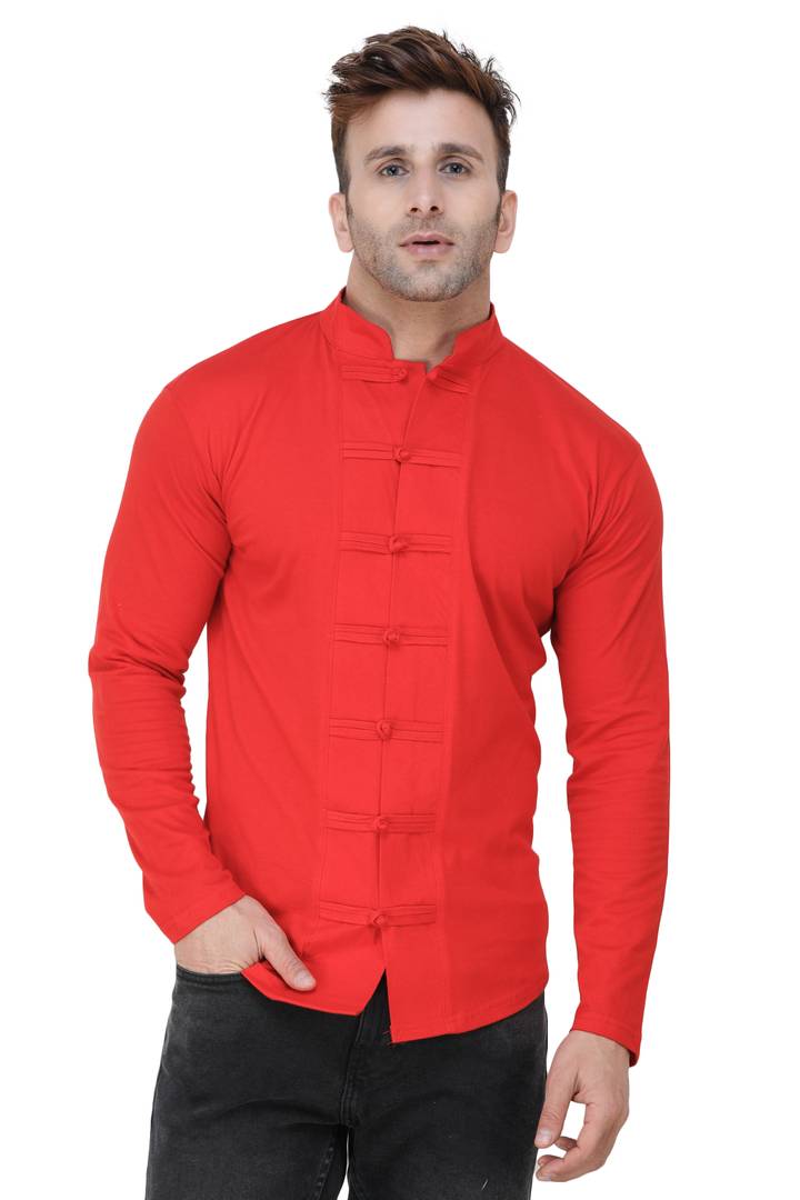 Men's Self Pattern Cotton Red Mandarin Tees