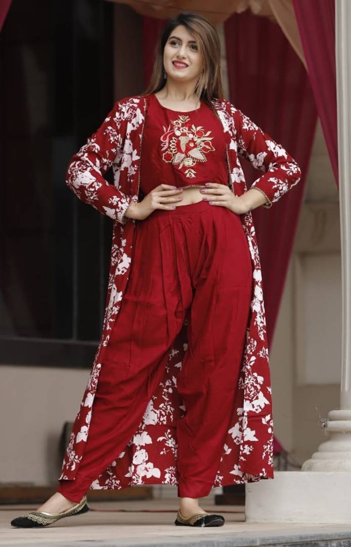 Buy LAALZARI Embroidered Crop Top Dhoti Pants with Shrug (Set of 3) online