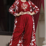 Stylish Embroidered Sleeveless Crop Top Style Kurta with Plain Dhoti Pant and Floral Printed Jacket Shrug