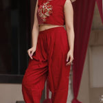 Stylish Embroidered Sleeveless Crop Top Style Kurta with Plain Dhoti Pant and Floral Printed Jacket Shrug