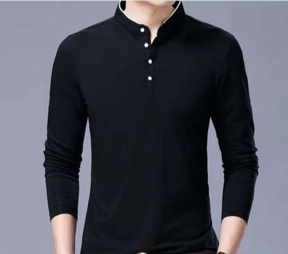 Men's Black Cotton Solid Mandarin Tees