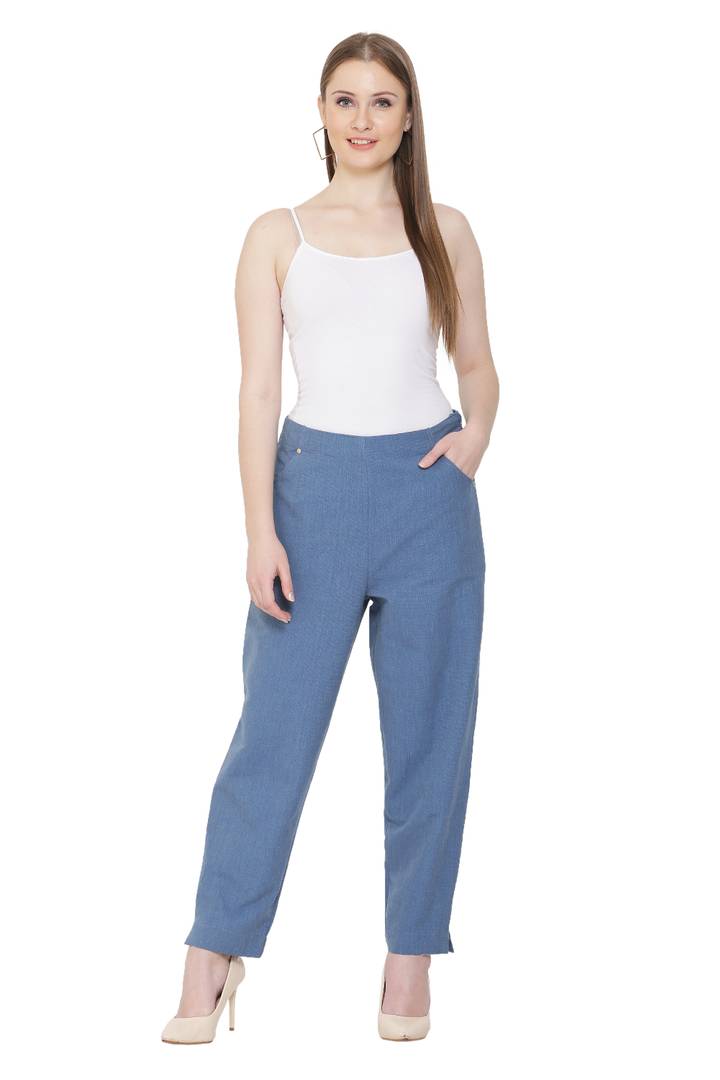 Women Blue Solid Cotton Linen Pant