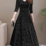 Black Self Pattern Velvet Long Maxi Dress