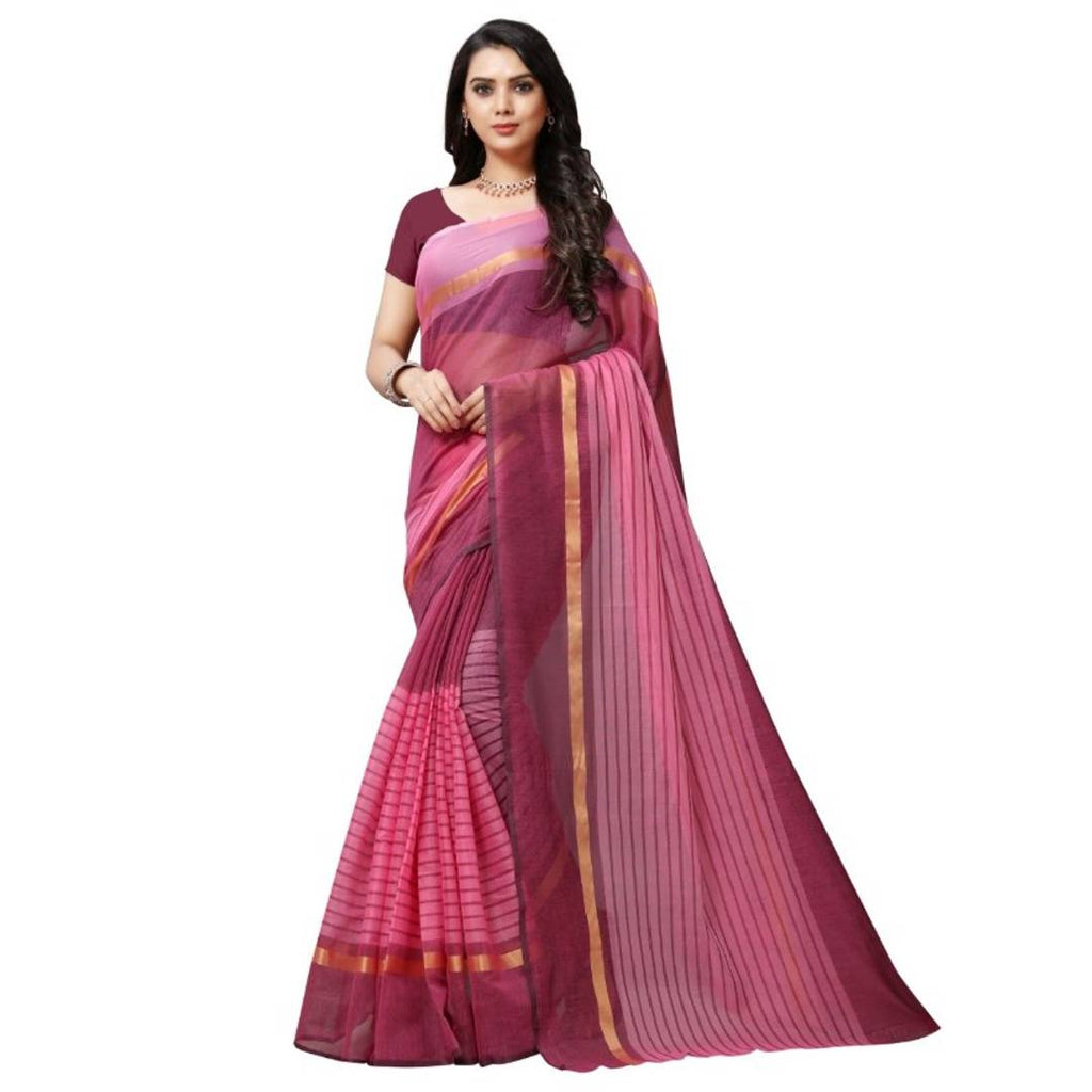 Women's Multicoloured Chanderi Cotton Striped Bollywood Saree with Blouse piece