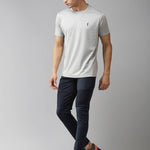 Grey Solid Polyester Round Neck Tees