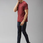 Maroon Solid Polyester Round Neck Tees