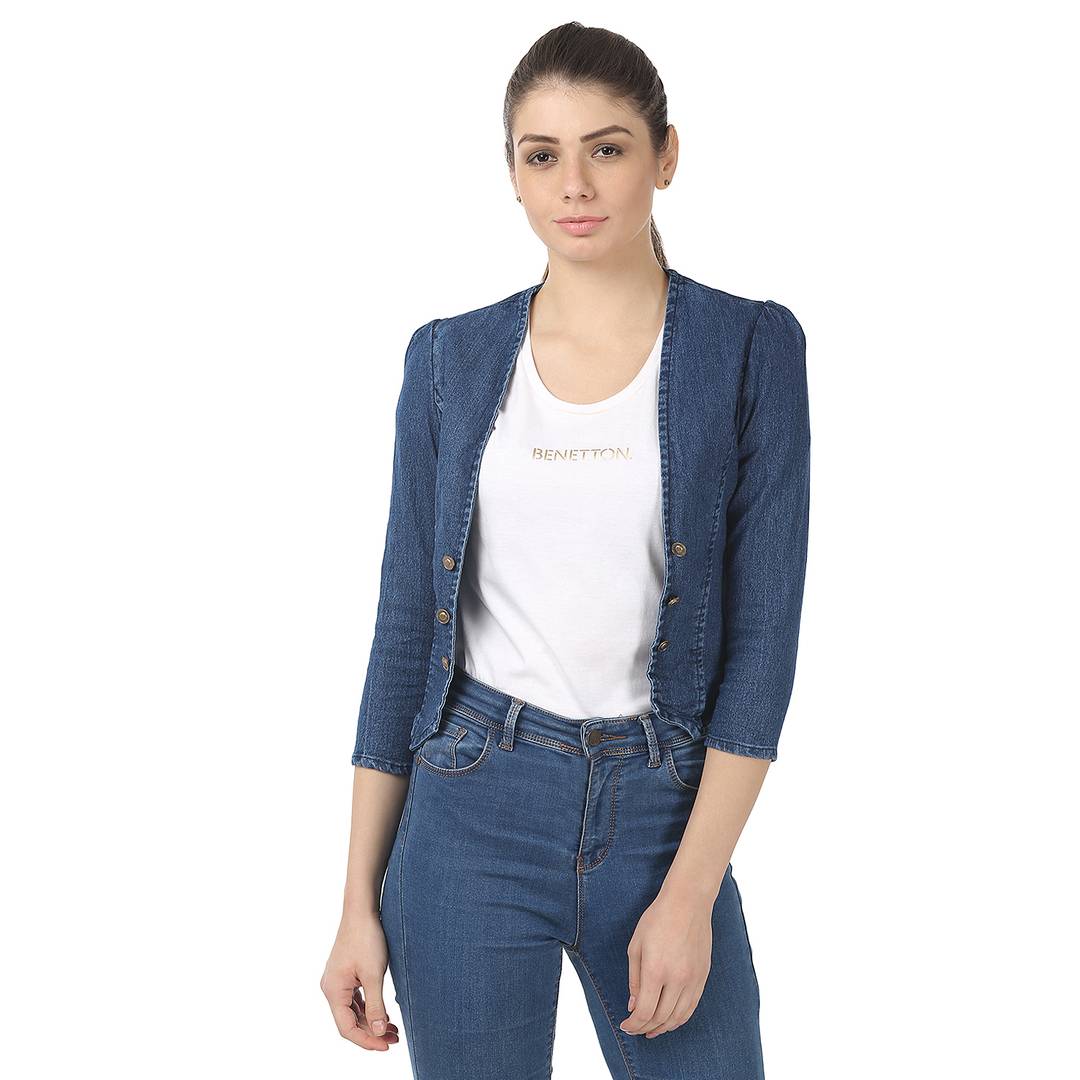 Women Dark Blue  3/4 Sleeve Denim Fashion Jacket