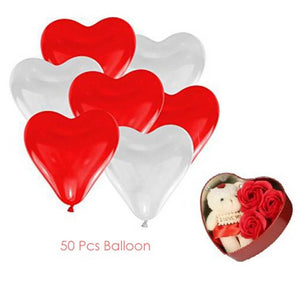 Red and White Heart Shape balloon 50 pc And Red Teddy Box
