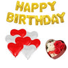 Golden Happy birthday Foil and Red And White Heart Shape balloon 50 pc And Red Teddy box.