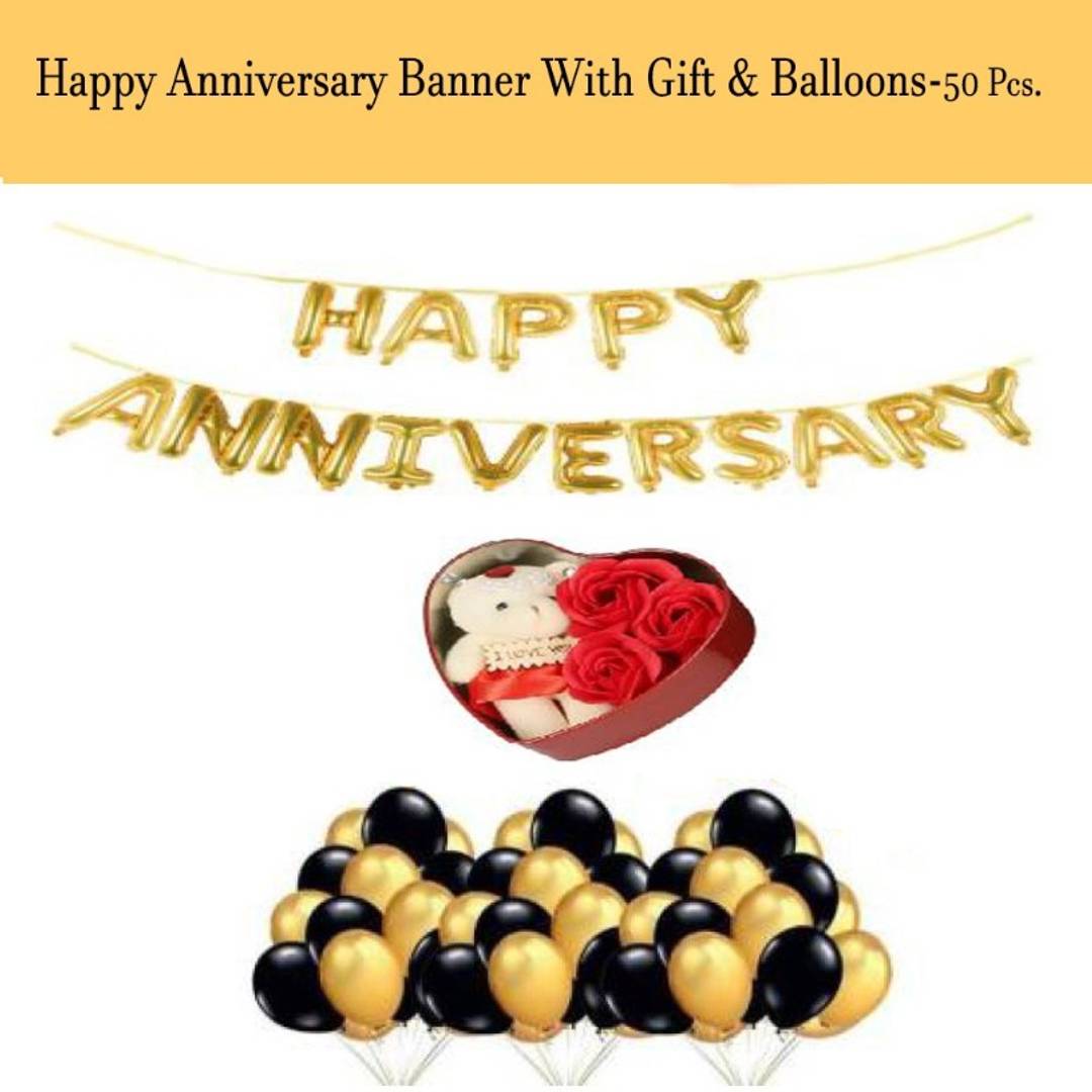 Happy Anniversary Banner With Gift And Ballons-50pcs.(Golden And Black)