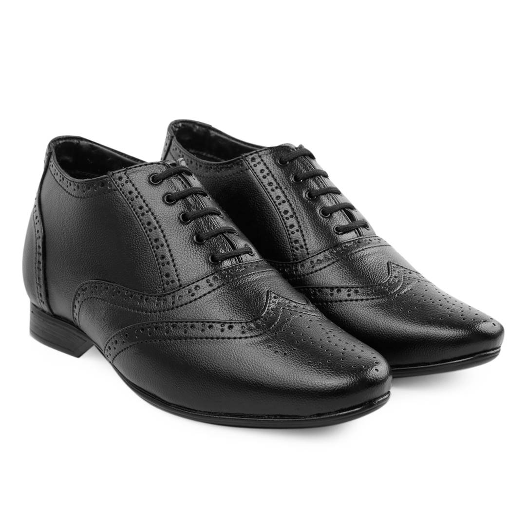 Stylish Black 3 Inch Height increasing Leather Full Brogue Formal Shoes