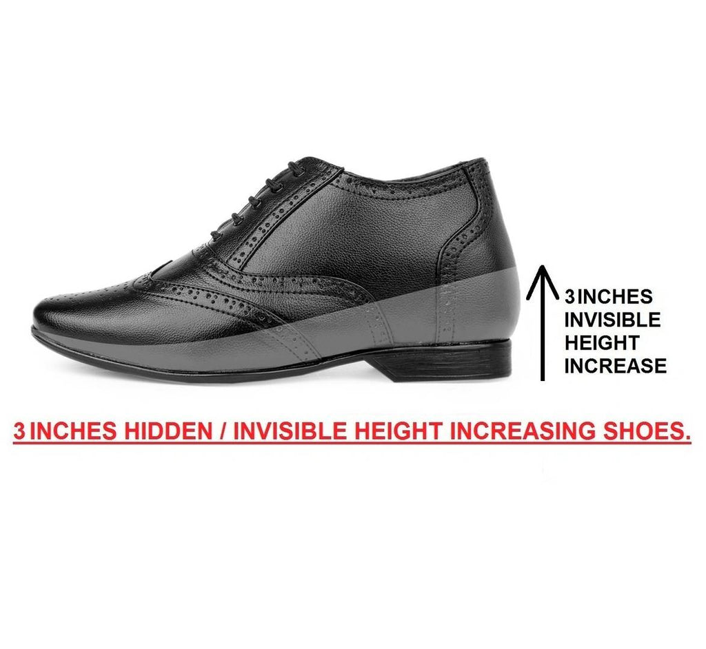 Stylish Black 3 Inch Height increasing Leather Full Brogue Formal Shoes