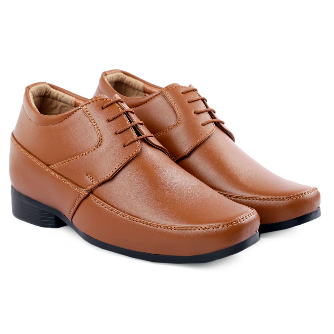 Stylish Tan 9 cm (3.5 Inch) Height Increasing Derby Lace-Up Faux Leather Formal Shoes