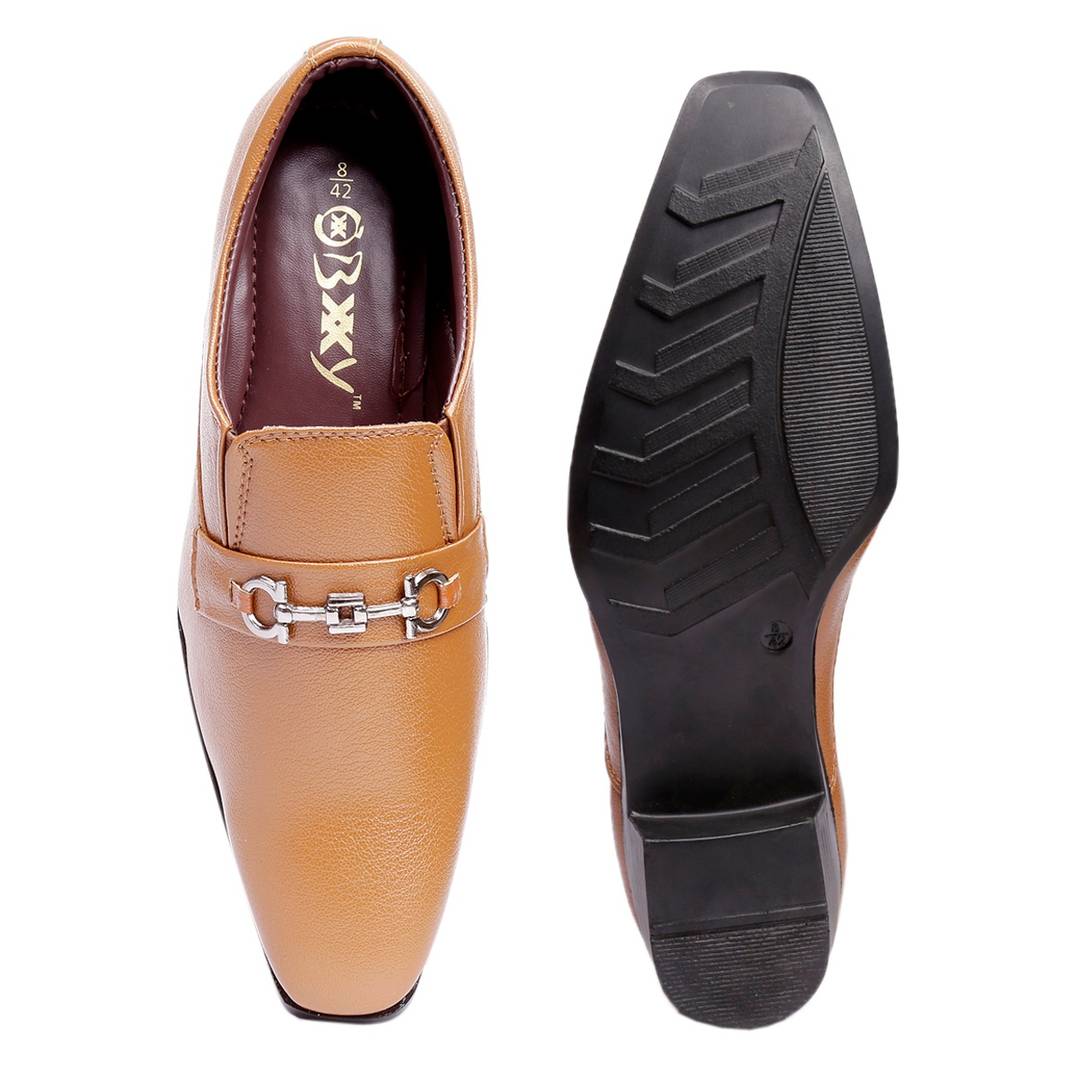 Stylish Tan Faux Leather Height Increasing Formal Slip-On Shoes on Cuban Sole