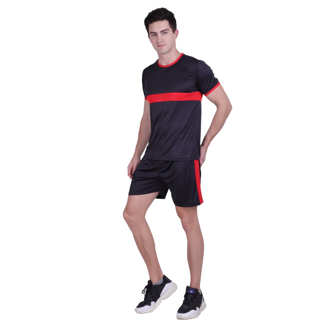 Men Black Polyester Self Pattern Regular Fit Sports Tees & Shorts
