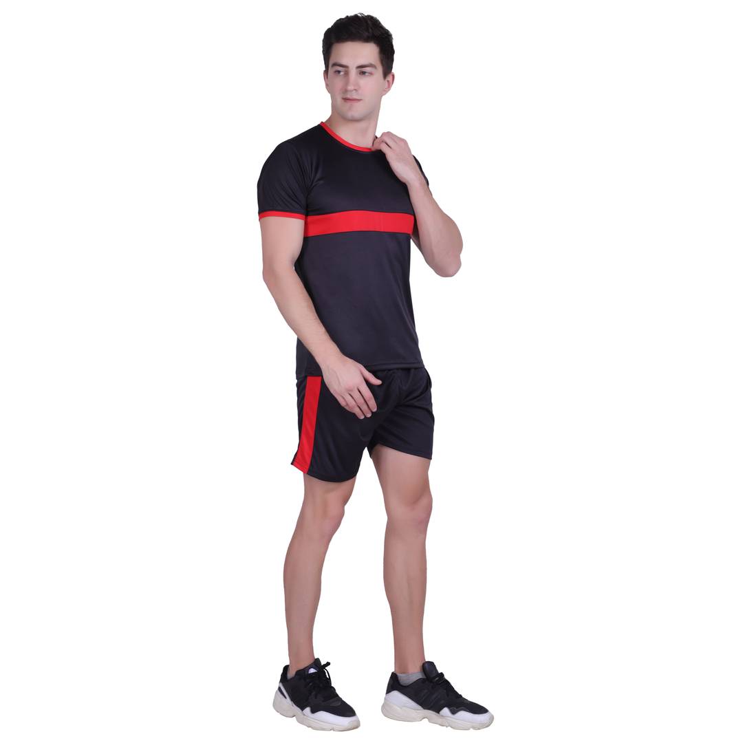 Men Black Polyester Self Pattern Regular Fit Sports Tees & Shorts