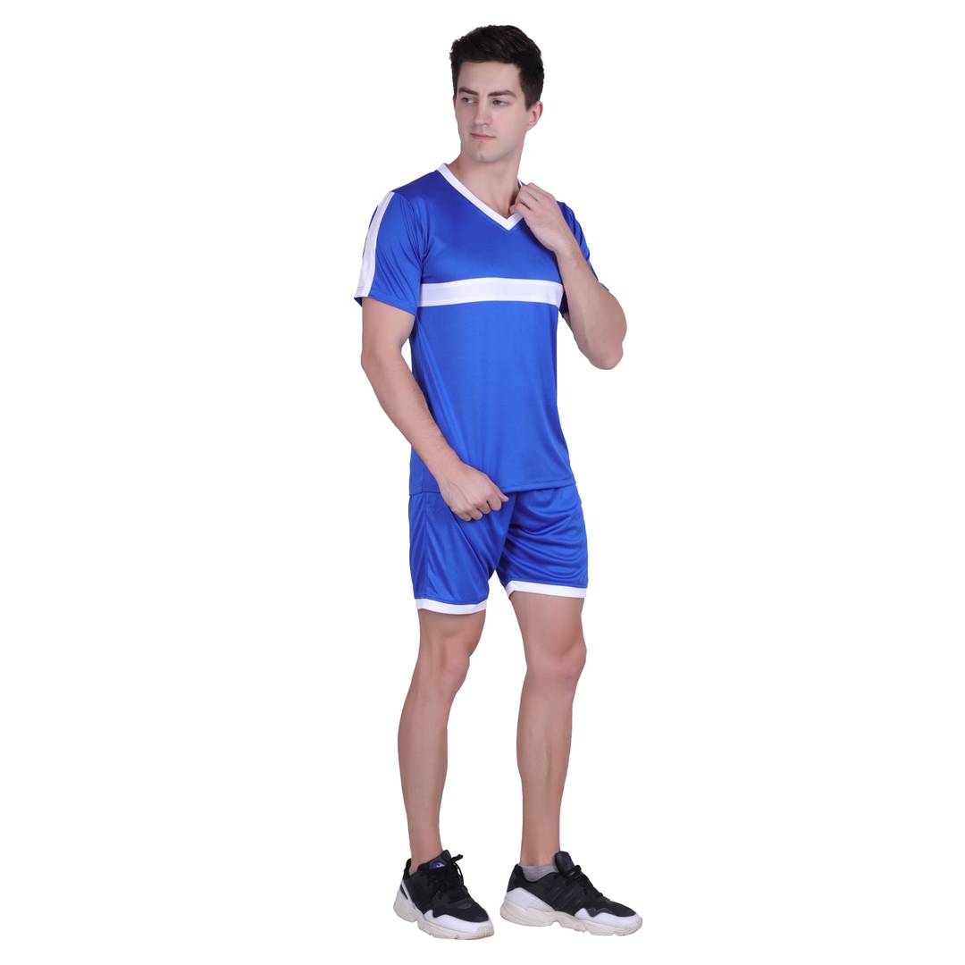 Men Blue Polyester Self Pattern Regular Fit Sports Tees & Shorts