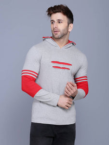 Men's Grey Self Pattern Cotton Hooded T Shirt