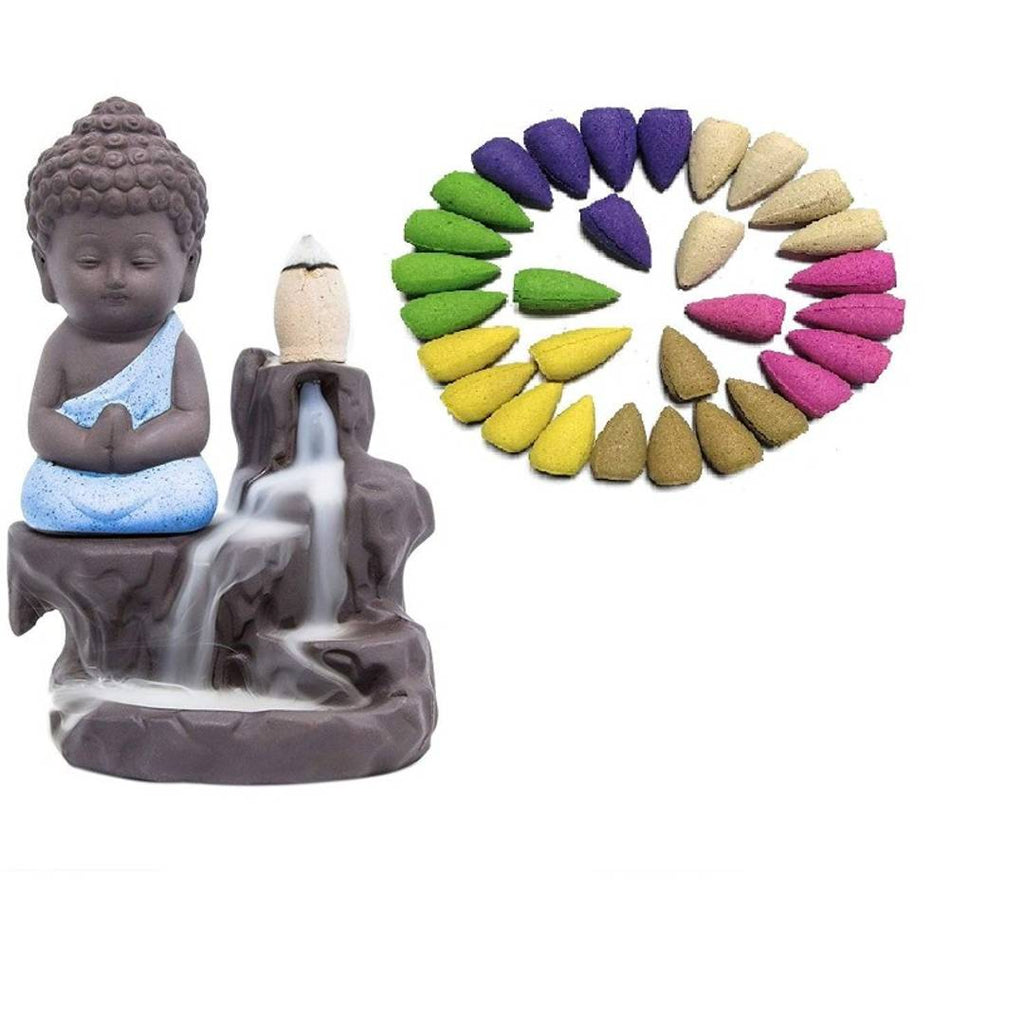Meditating Monk Suvasane Buddha Smoke Back Flow Cone Decorative Incense Holder (7 cm x 7 cm x 12, Blue)