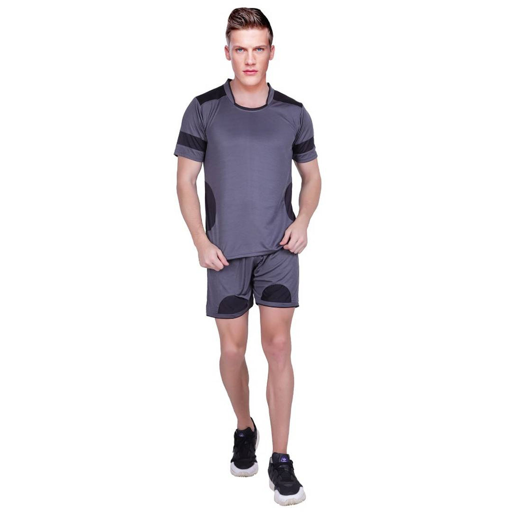 Men's Grey Self Pattern Polyester Sports Tees & Shorts Set
