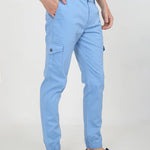 Men's Blue Cotton Mid-Rise Solid Cargos
