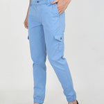 Men's Blue Cotton Mid-Rise Solid Cargos