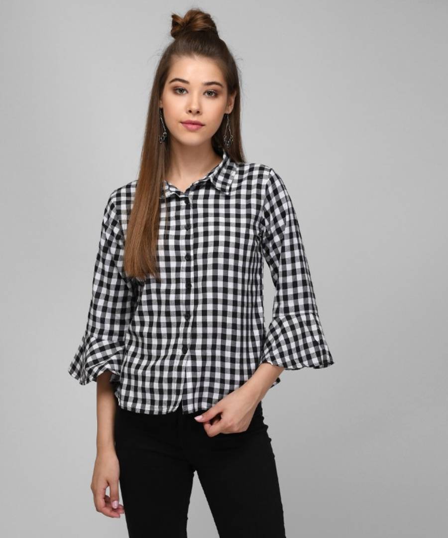 Black And White Close Check Shirt With Bell Sleeve