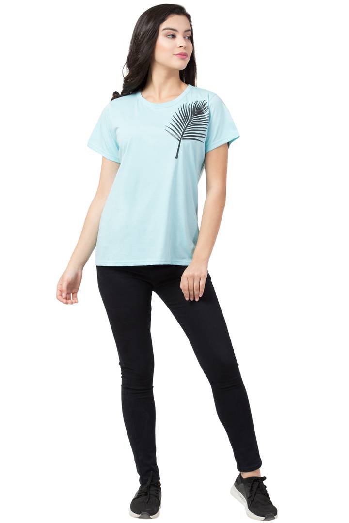 Women's Blue Printed Cotton Round Neck T-Shirt