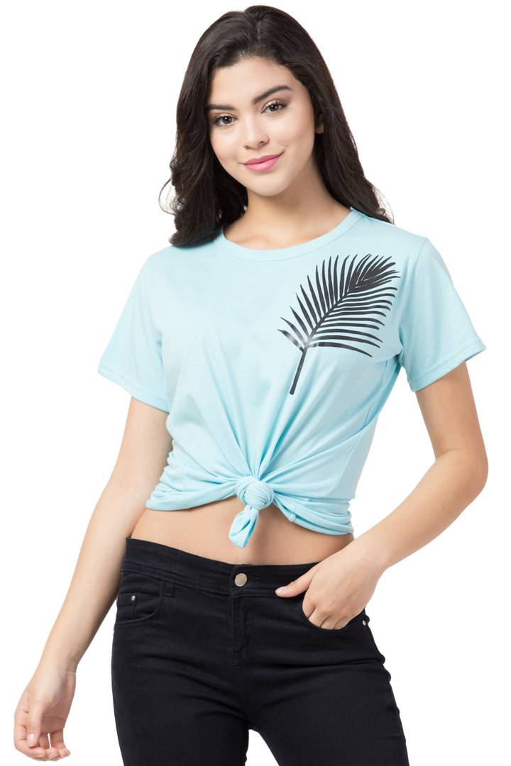 Women's Blue Printed Cotton Round Neck T-Shirt