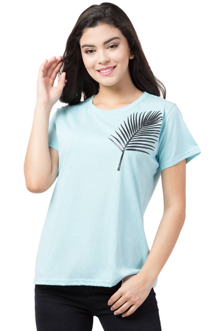 Women's Blue Printed Cotton Round Neck T-Shirt